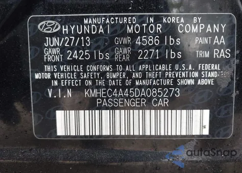 2013 Hyundai Sonata Hybrid from USA, damaged, VIN KMHEC4A45DA085273